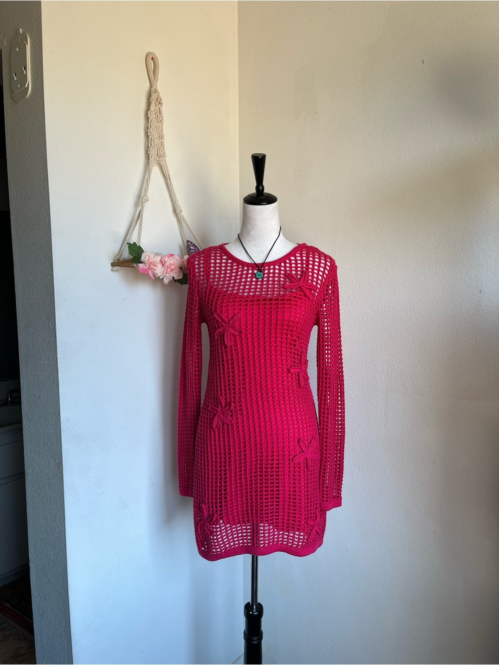 Women's Hot Pink Crochet Long-Sleeve Dress size small
